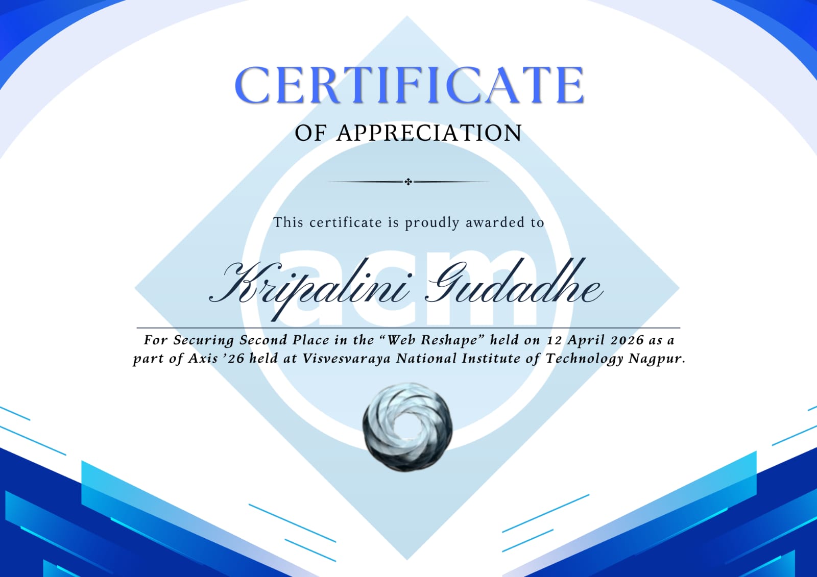 Web Reshape AXIS'26 2nd place certificate